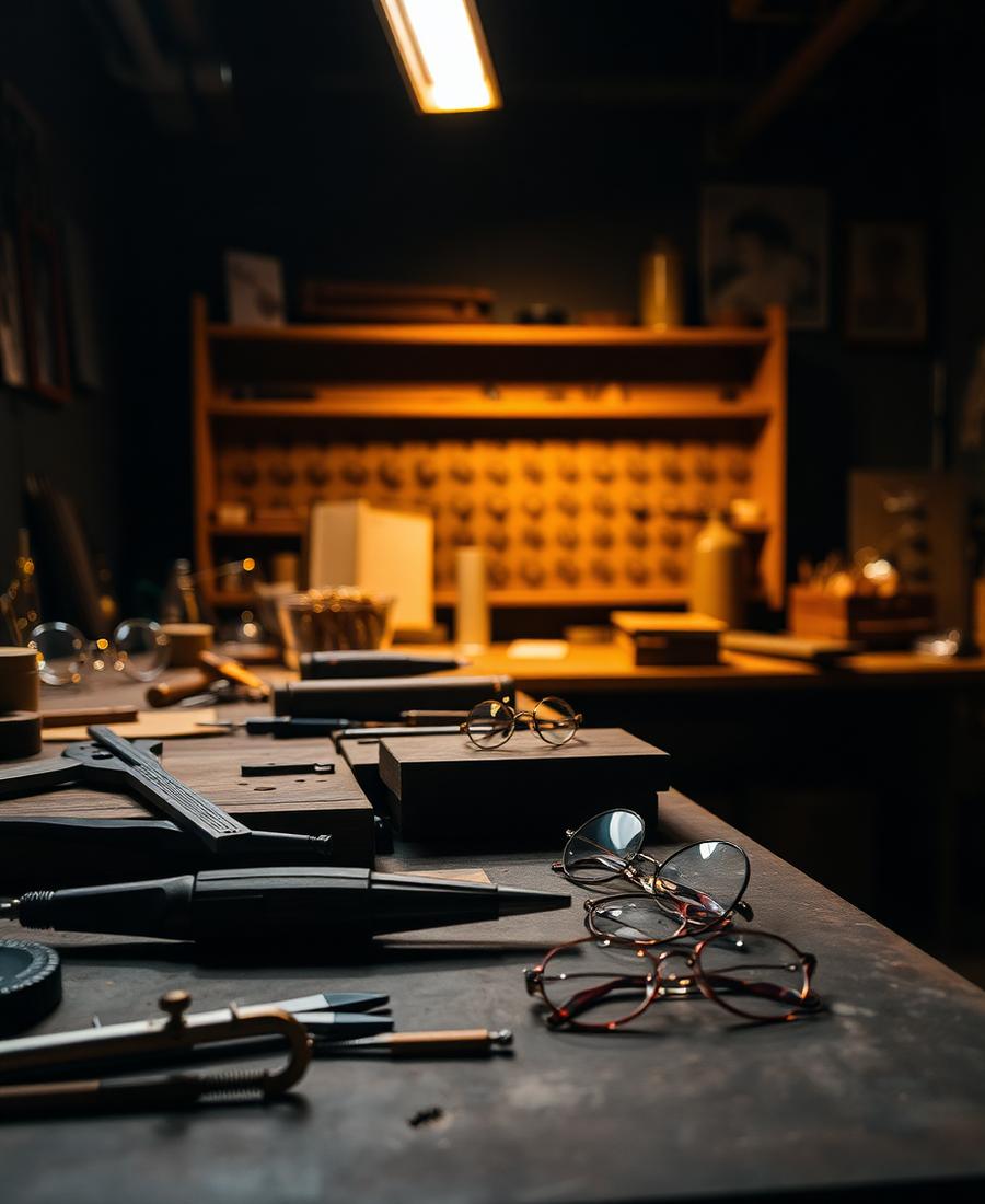 Optician's bench with hand tools