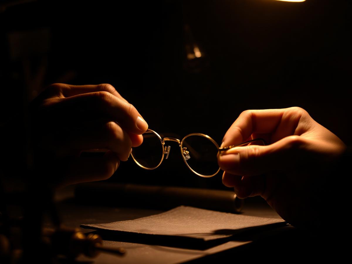 Craftsman finishing a gold eyewear frame by lamplight
